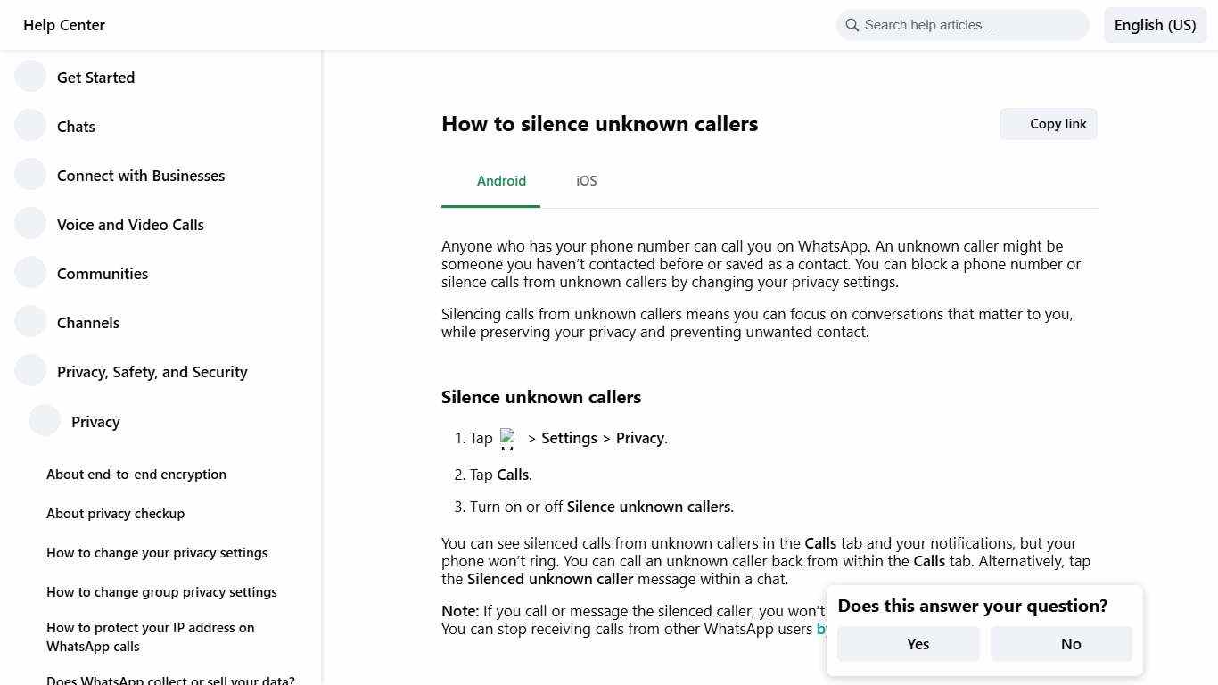 How to silence unknown callers WhatsApp Help Center